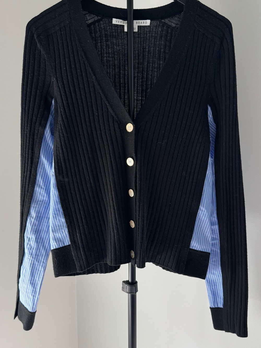 Veronica Beard Dayla Black Cardigan with Blue Pinstripe Side Panels